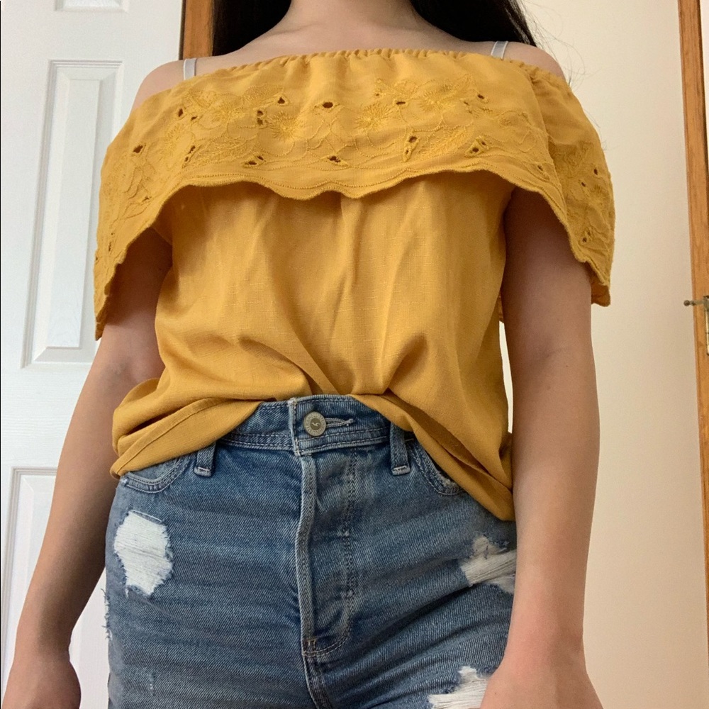 mustard yellow off the shoulder top